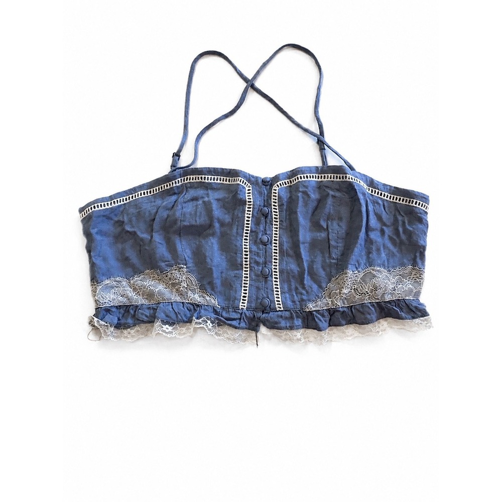 NWT Anthropologie Violet Blue Lace Trim Smocked Bustier Bralette Crop Top Size L